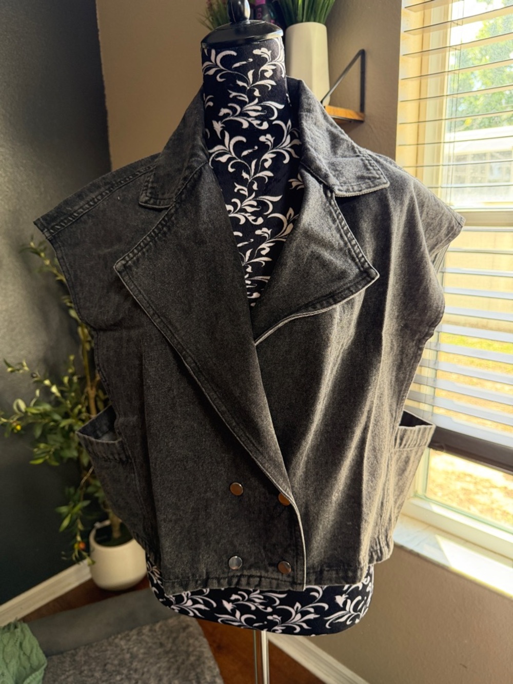 Black Washed Denim Sleeveless Vest